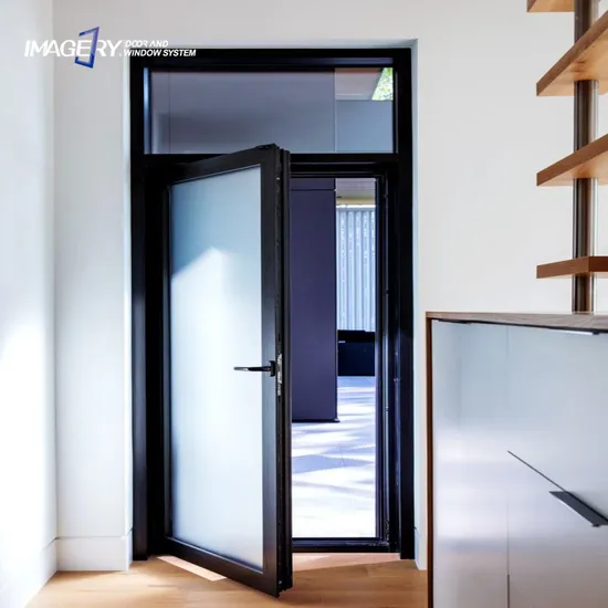 Porte a battente in alluminio con binario inferiore in vetro temperato doppio frontale a taglio termico